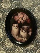 1/12 Dollhouse Miniature Victorian Black Framed Portrait Of Two Cats Picture