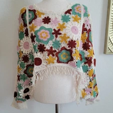 House Of Harlow Crochet Crop Top Balloon Sleeves Tassels Beige Multi One Size