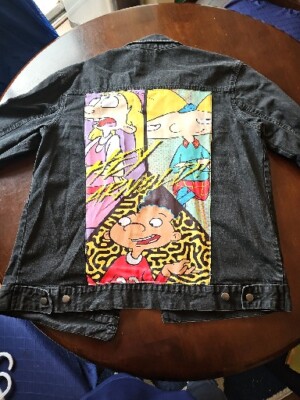 Nickelodeon Jean Jacket Mens Size XL Black Hey Arnold Denim Graphic 90's Y2k