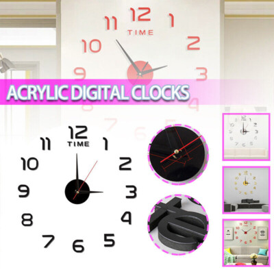 3D Large Wall Clock Mirror Surface Modern DIY Sticker Office Home Shop Art Decor