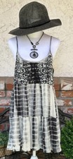 Vintage Tie Dye Sundress W/Embroidered Bodice; Black & Cream W/Open Back; Sz Med