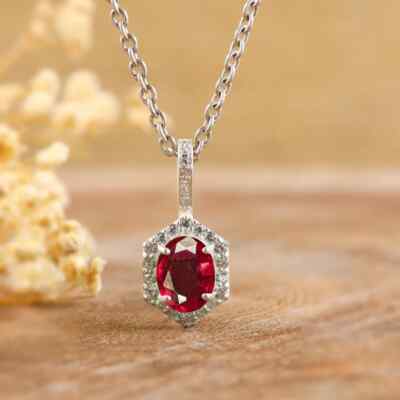 0.90Ct Oval Cut Red Ruby Halo Solitaire Wedding Pendant 14k White Gold Over