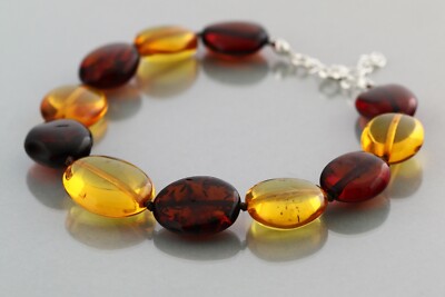 Genuine BALTIC AMBER Knotted Beads Silver Adjustable Chain BRACELET 10.9g 0503-6