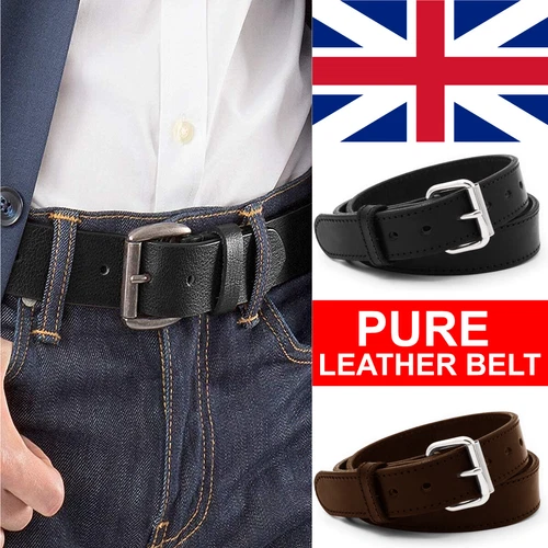 Mens Leather Belts Genuine Pure Leather Black Brown Trouser Jeans Belt Buckle