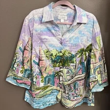 CJ Banks Women’s Plus 1X Jacket Tropical Cityscape Pattern 3/4 Sleeve GORGEOUS! 