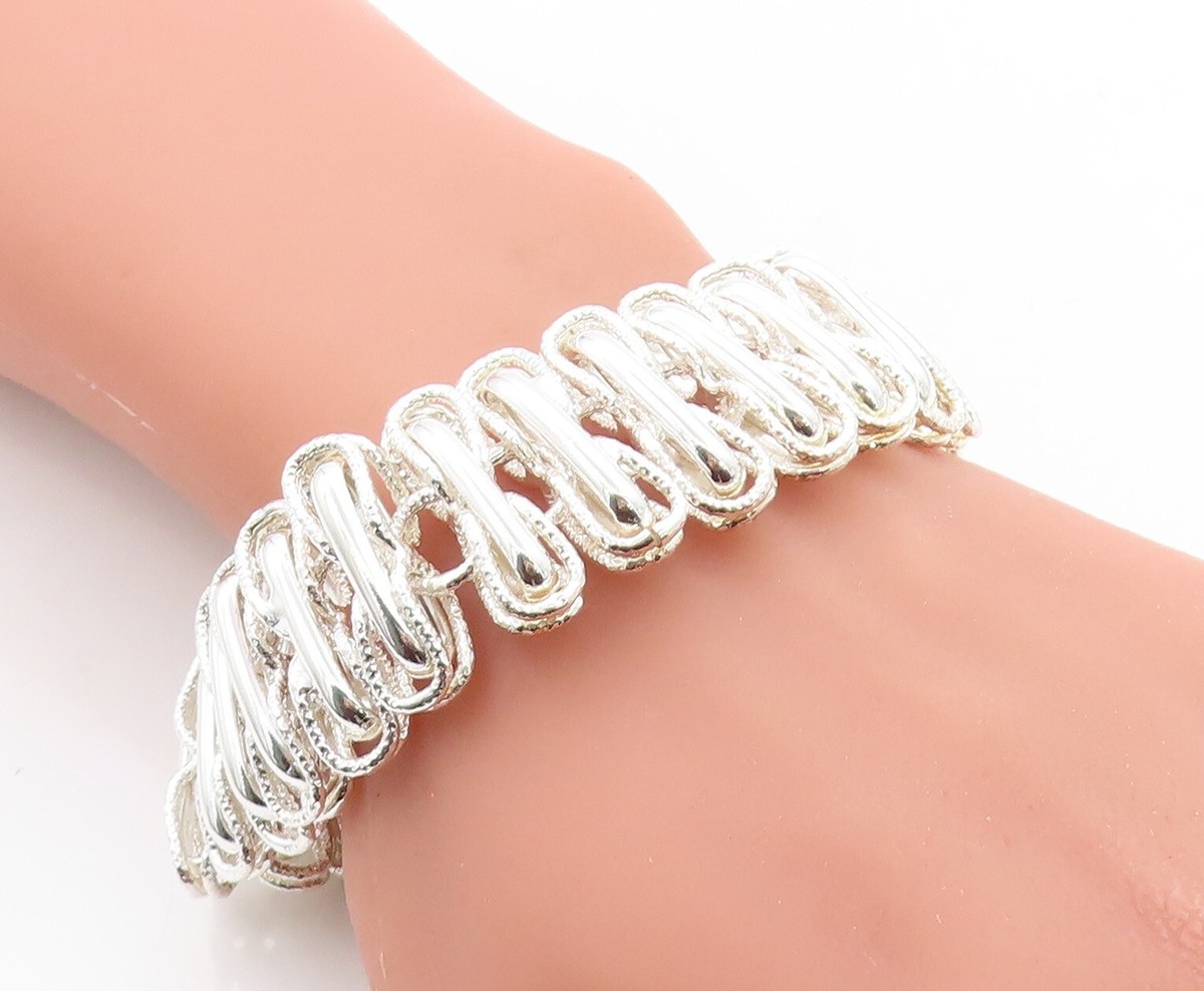 925 Sterling Silver Shiny Polished Textured Link Chain Bracelet