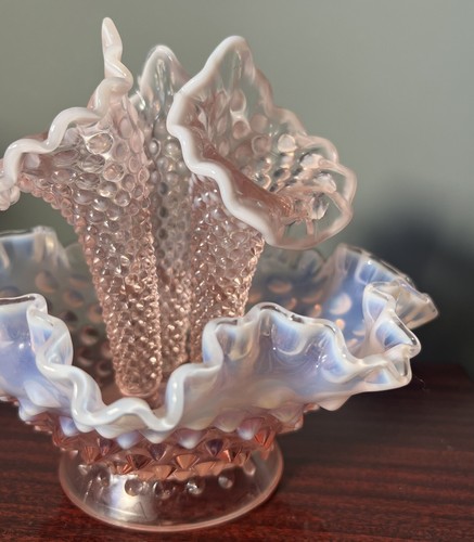 FENTON PINK OPALESCENT HOBNAIL EPERGNE 3-Horn - Picture 3 of 11
