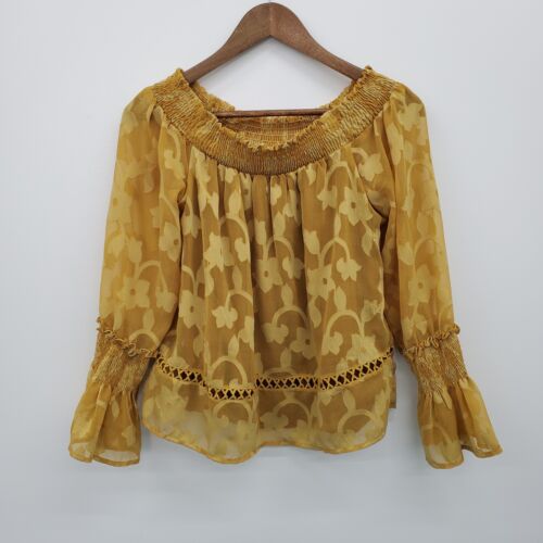 Willow & Clay Womens Floral Off Shoulder Bell Sleeve Top Size M Mustard Yellow - Picture 3 of 15