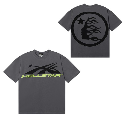 Herren Hellstar Oversized Streetwear Grau Flammen Grafik Hip Hop T-Shirt