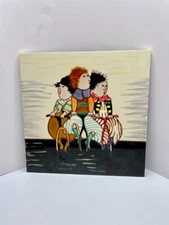 3 Kids Riding Bicycle Roybal Style Vtg Glazed Enamel Art Tile Wood Stand Mount