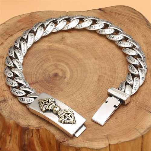 Pure S925 Sterling Silver Chain 11mm Six Words Curb Link Bracelet 62-63g 7.9inch - Picture 2 of 7