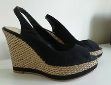 SOUTH Black Canvas Wicker Rafia Wedge Platform High Heel Sandals UK4