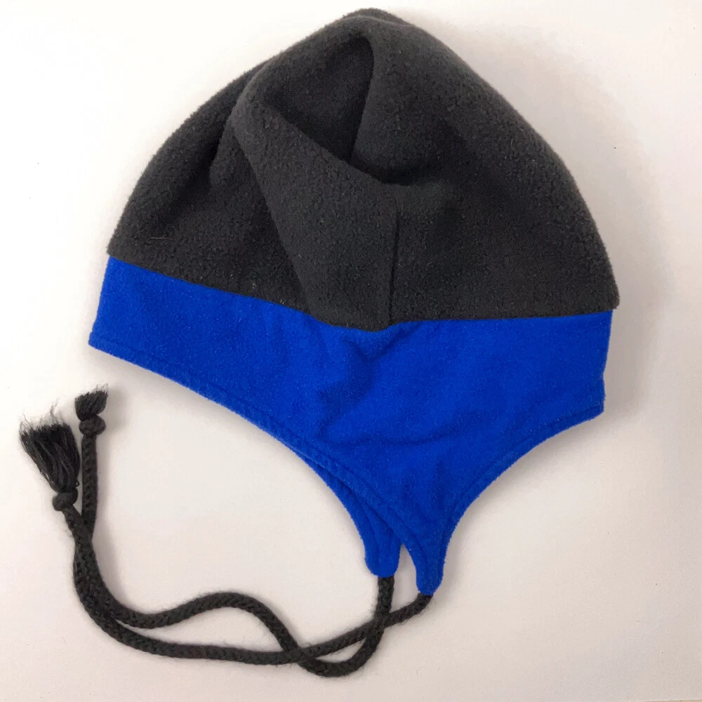 Made USA LL Bean Black Blue Fleece Winter Hat Ear Flaps Youth L/XL or Womens S/M