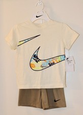 NWT Nike Little Boys Cargo Khaki Beige Swoosh Logo SS 2pc Short Set sz 6