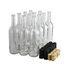 Clear Wine Bottles 750 Ml Pack of 12 W/No.8 Natural Corks  Matte Black Shrink