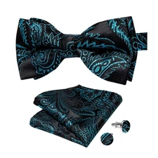 Mens Paisley Silk Pre-Tied Bow Tie, Pocket Square, Cufflinks, Wedding, Party