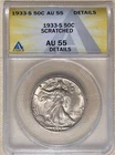 Very Nice 1933 S Walking Liberty Half Dollar - ANAC AU55 Details (Scratch)