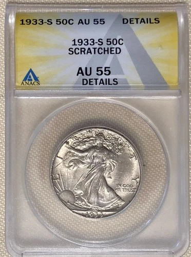Very Nice 1933 S Walking Liberty Half Dollar - ANAC AU55 Details (Scratch)