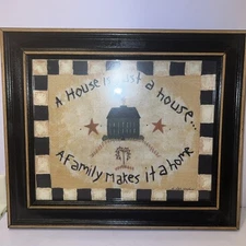 Country Folkart Print Glass Framed Saltbox House Stars primitive