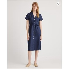 Quince 100% European Linen Button Front Fit & Flare Dress Navy Blue Midi Small