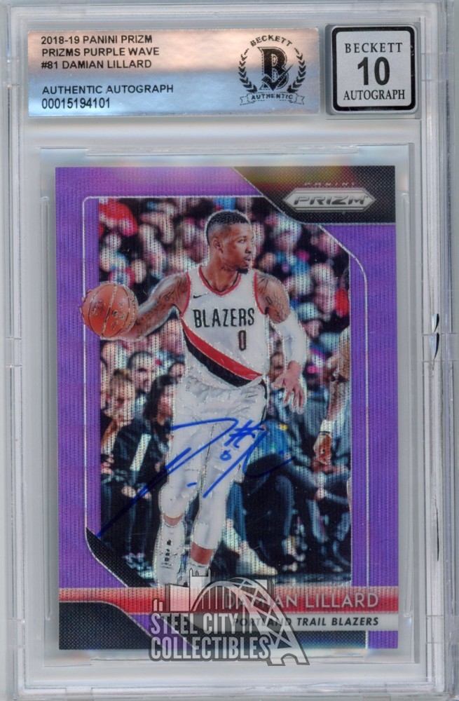 Damian Lillard 2018-19 Panini Prizm Purple Wave Autograph Card #81 BAS 10