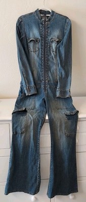 Y2K JLO/JENNIFER LOPEZ Zip Front Blue Denim Long Sleeve Jumpsuit w Pockets Sz L