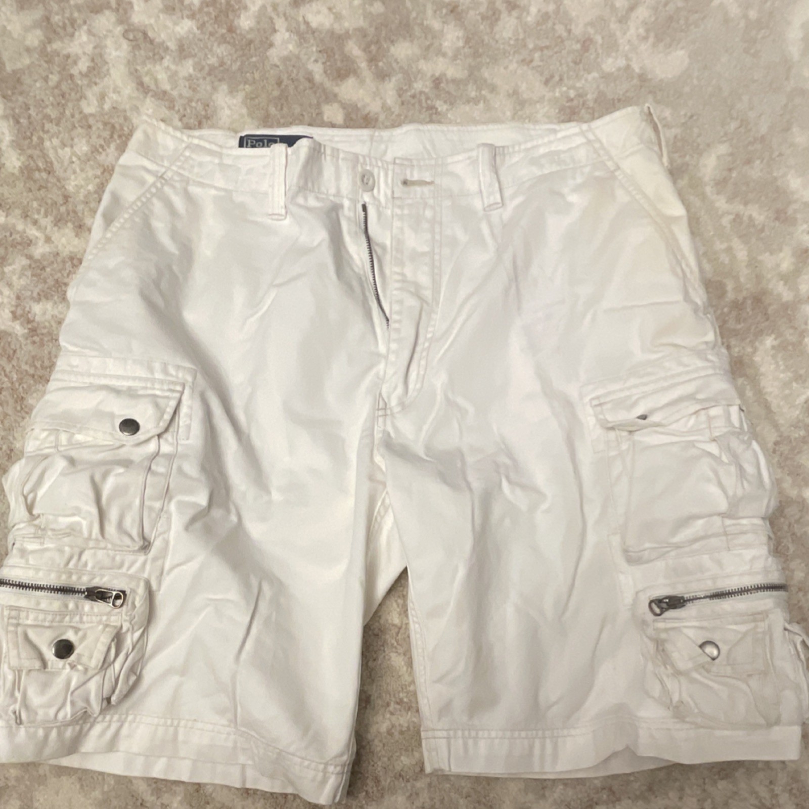 Polo Ralph Lauren Men's White Cargo Chino Shorts Cotton Pockets Button Zip