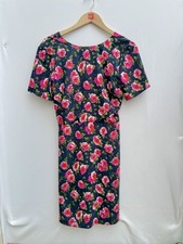 Warehouse Climbing Rosa Floral Midi Dress Navy Pink Short Sleeve Womens UK 12