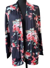 black floral draped lightweight long sleeve open cardigan small rose print