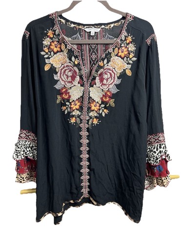 John Mark Embroidered Tunic Top Blouse Plus 2XL 3/4 Flared Sleeve