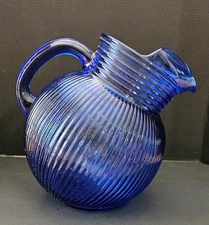 Colbalt Blue Hazel Atlas Tilted Pitcher with Handle ~ Ribbed Glass 40's Vintage