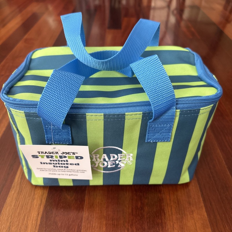 Limited Edition Trader Joe’s Green Blue Striped Mini Insulated Bag Drink Cooler