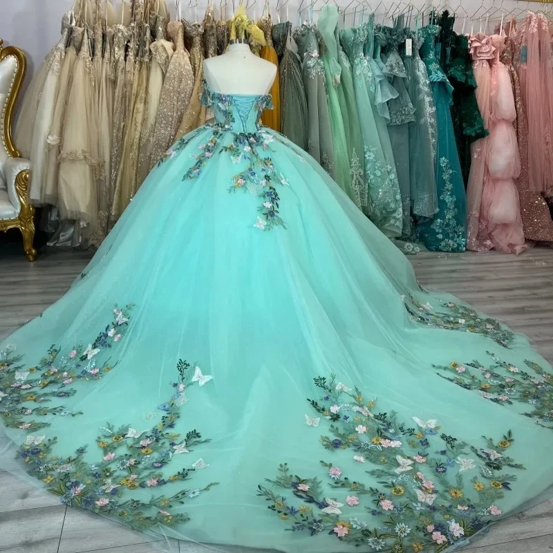Vestidos de Quinceañera Verde Princesa Dulce 15 16 3D Flores Mariposas Vestidos de Baile Foto 4 de 4