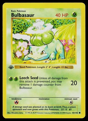 Pokemon Card - Bulbasaur 1st Edition Base Set Shadowless 44/102