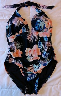 DKNY One-Piece Swimsuit, XXL, Black/Pink/Blue Tropical, Halter Style, Lined