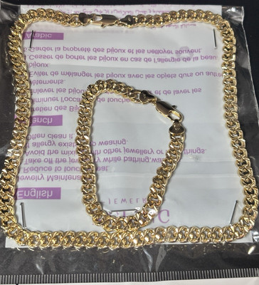 Gold Yellow Gold Plated Curb Link Chain Necklace & Bracelet Set, Lobster Clasp