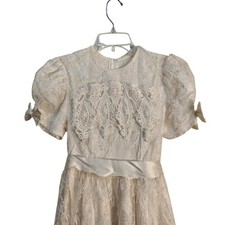 Jessica McClintock Gunne Sax Girls Ivory Lace Dress Puff Sleeve Bow Vintage 12