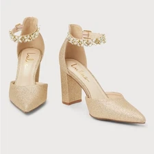 LULUS Yosy Gold Glitter Rhinestone Pointed-Toe Ankle Strap Pumps NYE | Size 7.5