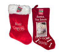 MERRY BRITE RED CHRISTMAS STOCKINGS Lot of 2 one for your dog, fuzzy top
