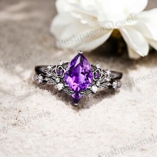 925 Sterling Silver 7x5 mm Pear Shape natural Amethyst Ring Set Gift For Her