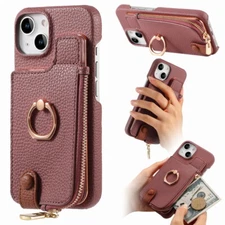 For iPhone 16 15 14 Pro Max 13 12 Magnetic Zipper Wallet Leather Ring Case Cover
