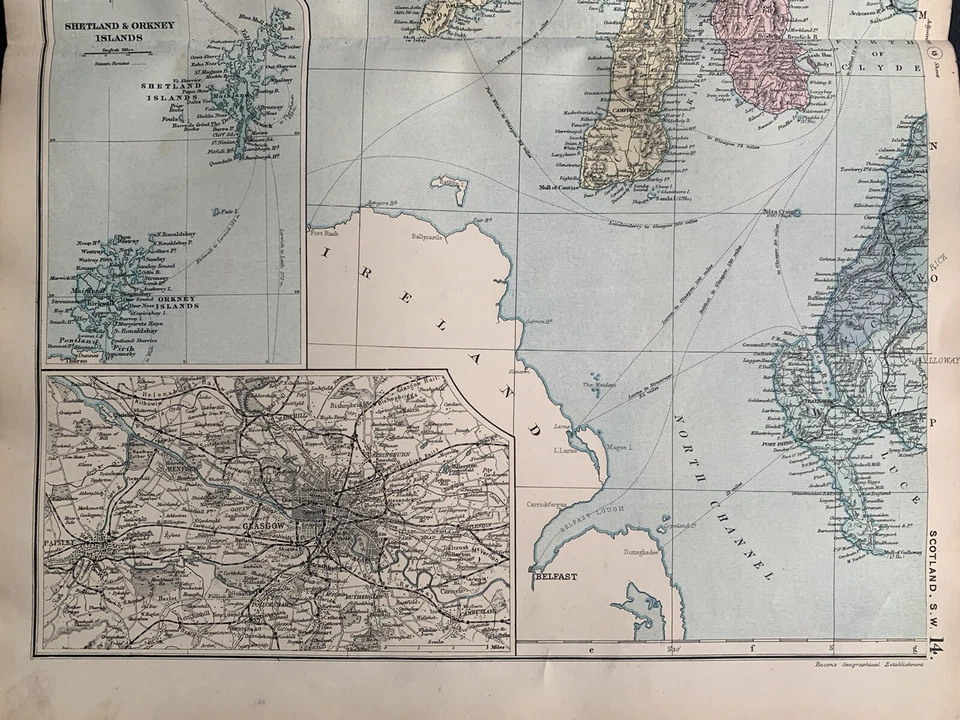 1891 West Of Scotland Original Antique Hand Coloured Map by G.W. Bacon - Image 3 of 3