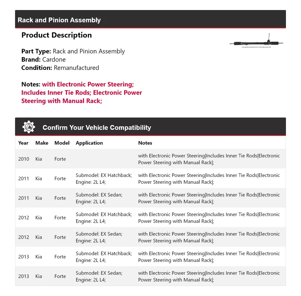 Montaje de piñón y cremallera para Kia Forte 2010-2013 Cardone 2011 2012 Foto 2 de 4