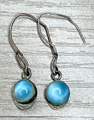Handgefertigte handgemachte Sterling 925 himmelblau Larimar Cabochon Ohrhänger Haken Ohrringe Vintage