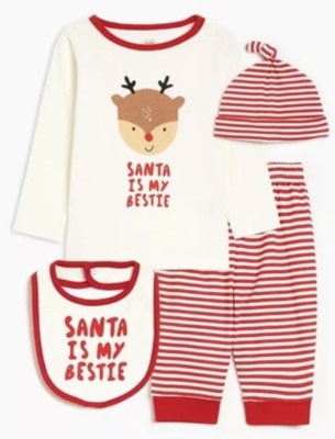 Weihnachten Baby First Xmas 4-teiliges Set mit Lätzchen Weihnachten ''Santa is my bestie'' 0-12 Monate