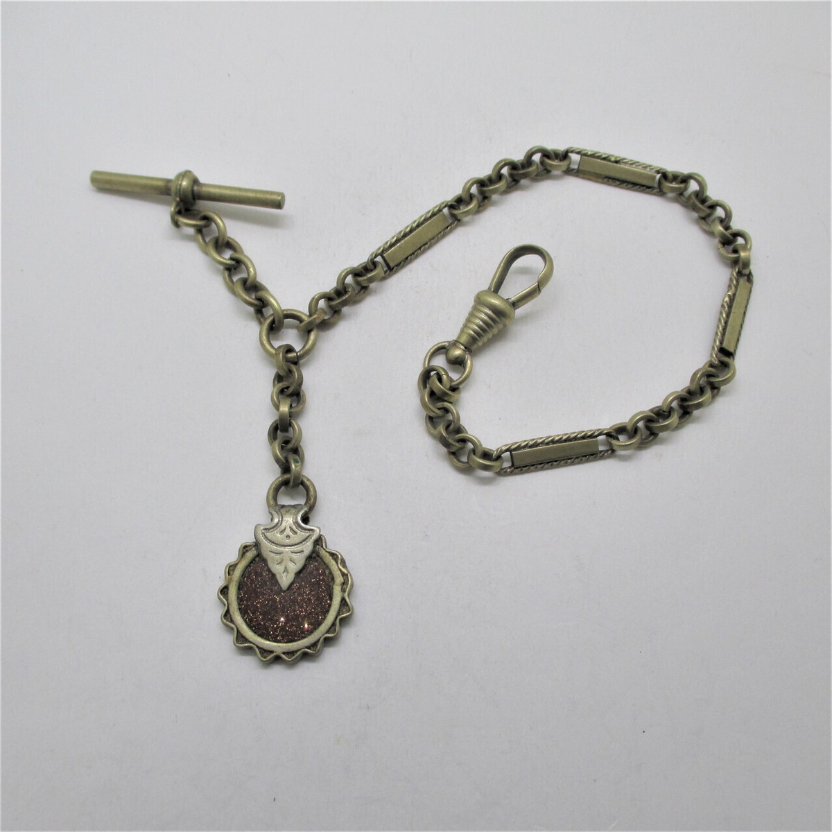 Antique Worn Gold Tone Metal Pocket Watch Chain with Gold-Stone
