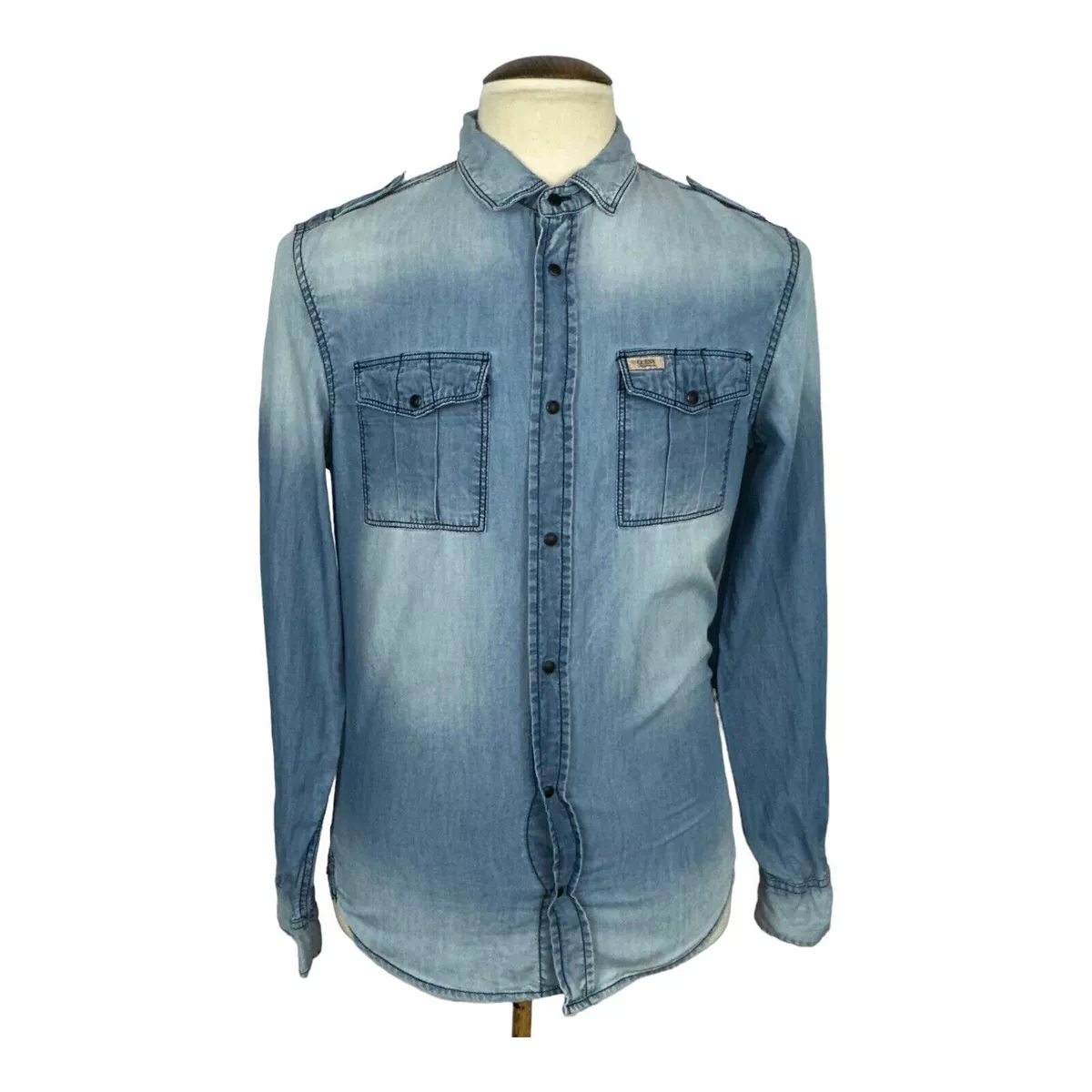 Guess Denim Shirt Women s Blue Small S Long Sleeved Designer Mark On the Back