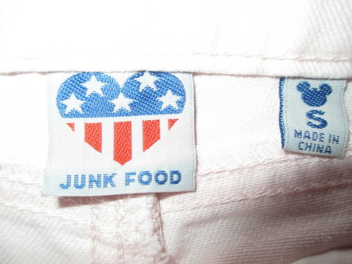 Disney Pink Peach "Be Happy" Mickey Mouse Junk Food Girls Jean Denim Shorts S 6X - Picture 4 of 7
