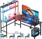 L Shaped Gaming Desk with Led Light & Power Outlet, Reversible Computer Table