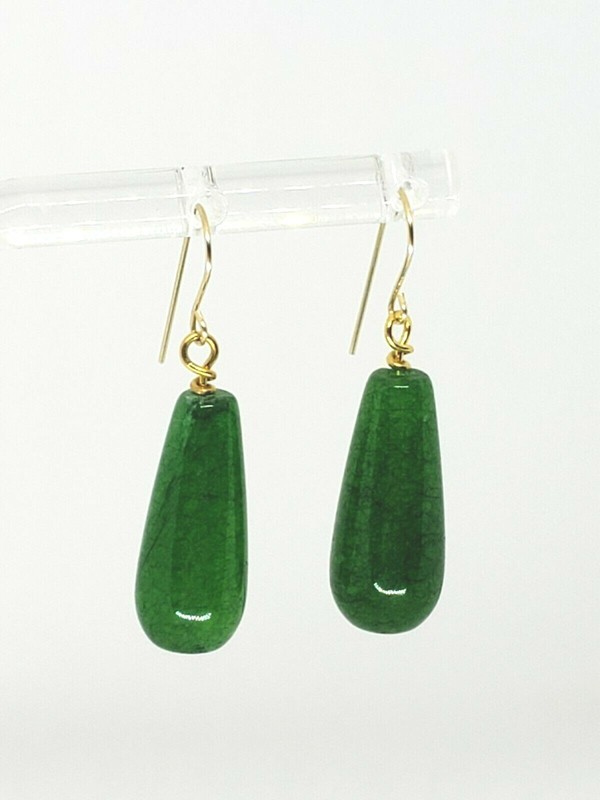 14k Yellow Gold Long Green Malaysia Jade Teardrop Dangle Earrings
